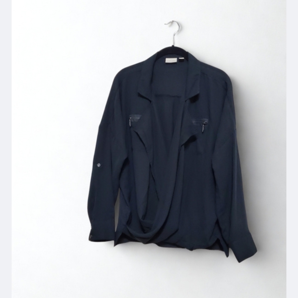 Sheer Black Collared Blouse with Draped Front (Wear with a Tank Or Shell) Size M